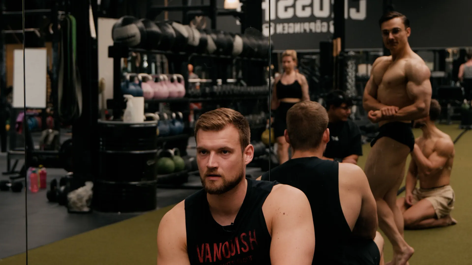 Im Fitnessstudio, im Hintergrund posierende Athleten